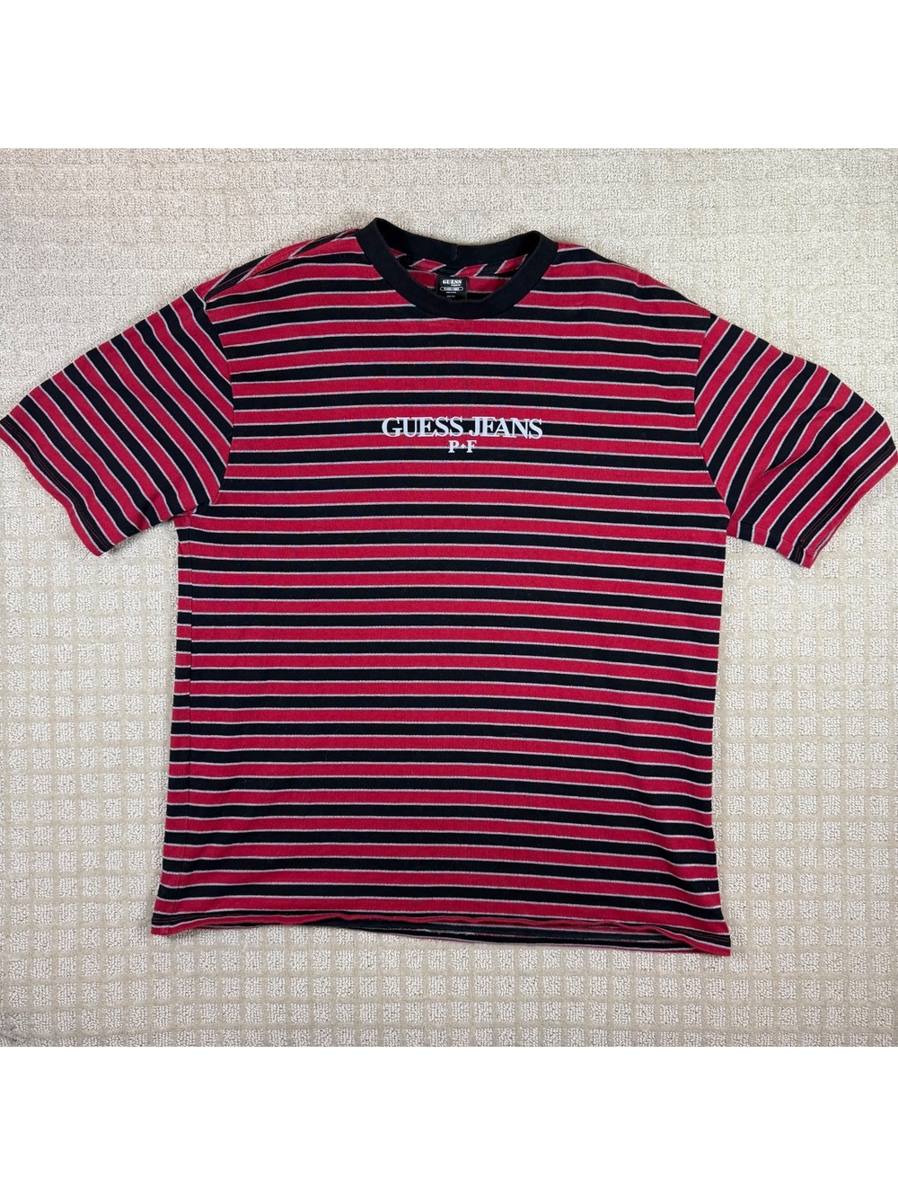 Vintage Guess Places + Faces Red and Black Striped Boxy Logo Tee